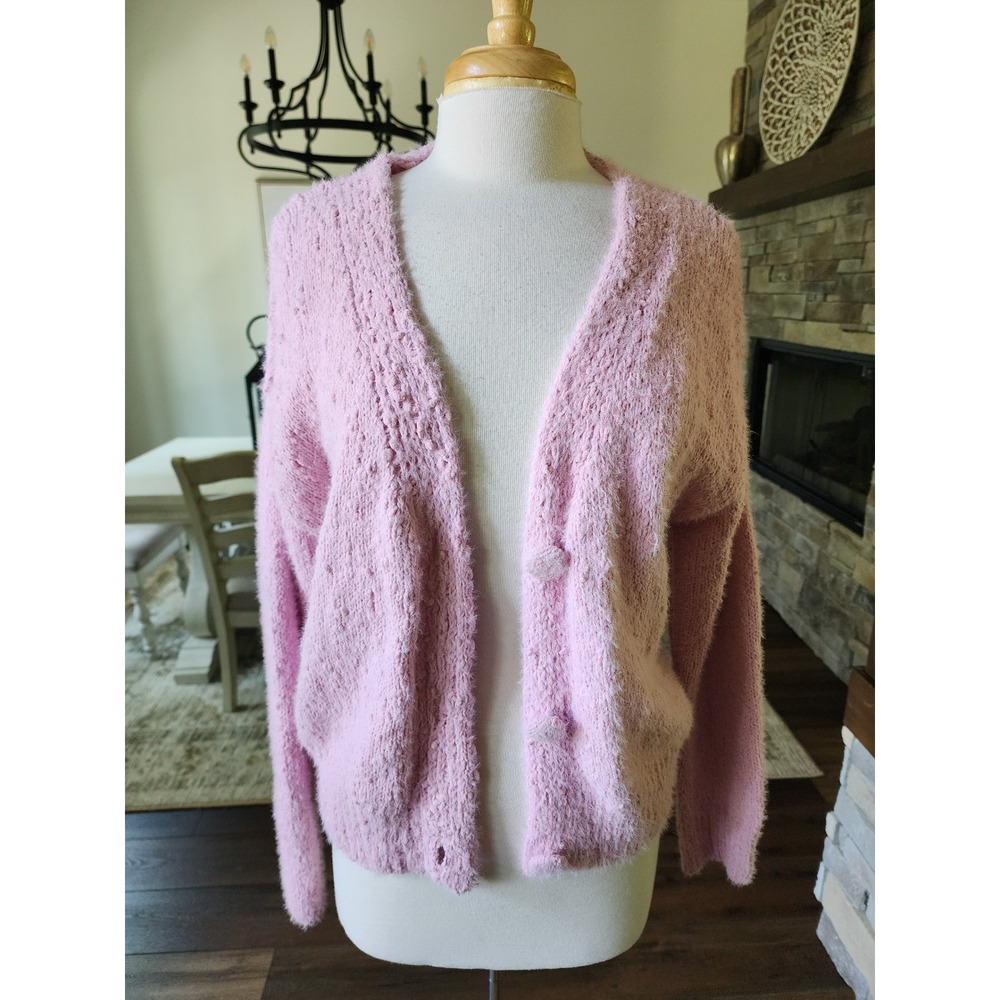 Boutique Blu Pepper Pink Fuzzy Eyelash Knit Button Front Cardigan Sweater Womens